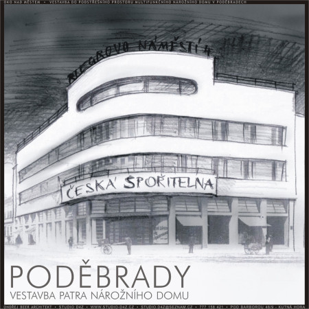 PODĚBRADY - Riegrovo náměstí 4 | Studie vestavby posledního patra funkcionalistického nárožního domu v památkové zóně. Zákres do historické fotografie.